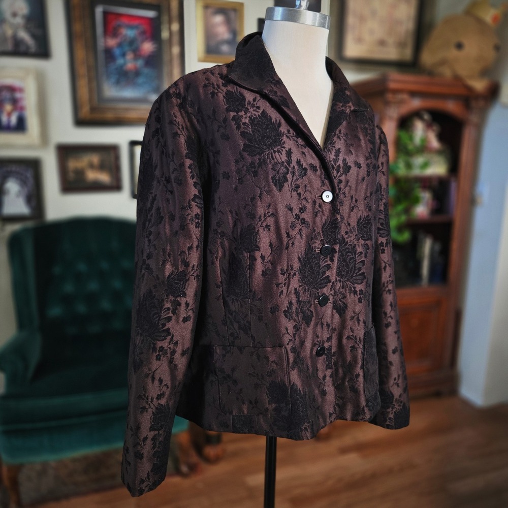 Jones New York Woman Brown Black Floral Brocade Blazer Jacket Plus Size